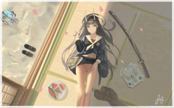 Rule 34 | 1girl, absurdres, azur lane, bad id, bad pixiv id, bare legs, black footwear, black hair, black shirt, black skirt, blunt bangs, cherry blossoms, clothes lift, collarbone, commentary, cup, da (datako), english commentary, expressionless, falling petals, food, unworn footwear, from above, fruit, highres, hime cut, horns, huge filesize, indoors, lifted by self, loafers, long hair, long sleeves, looking at viewer, lying, midriff, miniskirt, navel, no panties, noshiro (azur lane), on back, oni horns, pantyhose, unworn pantyhose, petals, pleated skirt, pussy, sailor collar, school uniform, serafuku, shirt, shoes, unworn shoes, signature, skirt, skirt lift, solo, straight hair, tatami, tea set, teacup, teapot, uncensored, watermelon, white sailor collar, wind chime, yellow eyes