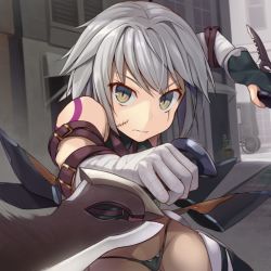 Rule 34 | 1girl, bandaged arm, bandages, black gloves, black panties, black thighhighs, closed mouth, dagger, dual wielding, facial scar, fate/apocrypha, fate (series), fingerless gloves, gloves, grey eyes, grey hair, hinami (hinatamizu), holding, holding weapon, jack the ripper (fate/apocrypha), knife, looking at viewer, outdoors, panties, reverse grip, scar, scar across eye, scar on cheek, scar on face, short hair, sidelocks, single fingerless glove, single glove, solo, thighhighs, thighs, underwear, weapon