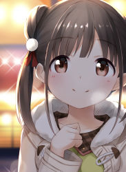 Rule 34 | 1girl, bashosho, blurry, blurry background, blush, brown eyes, brown hair, closed mouth, collared shirt, depth of field, double bun, green shirt, hair bun, highres, idolmaster, idolmaster shiny colors, jacket, long sleeves, open clothes, open jacket, shirt, side bun, single side bun, smile, solo, sonoda chiyoko, twintails, upper body, white jacket