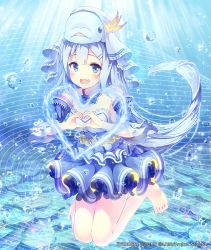 Rule 34 | 10s, 1girl, :d, alc (ex2 lv), bad id, bad pixiv id, bare shoulders, barefoot, blue eyes, blue hair, blush, bubble, dress, fang, heart, heart hands, legs, long hair, matching hair/eyes, open mouth, smile, solo, underwater, very long hair, wixoss