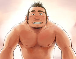 Rule 34 | 1boy, armpit hair, bara, belly, blush, brown hair, facial hair, goatee, large pectorals, long sideburns, male focus, mature male, muscular, muscular male, nipples, nude, original, pectorals, pov, raised eyebrows, short hair, sideburns, solo, stomach, suv (suv032), sweat, thick eyebrows, upper body