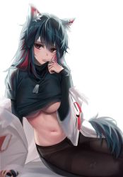 Rule 34 | 1girl, absurdres, animal ear fluff, animal ears, arknights, arm support, black hair, black pantyhose, black sweater, breasts, closed mouth, clothes lift, dog tags, finger to mouth, highres, jacket, large breasts, long hair, long sleeves, looking at viewer, multicolored hair, navel, no bra, no pants, official alternate costume, open clothes, open jacket, orange eyes, panties, panties under pantyhose, pantyhose, red hair, shokuyou koori, simple background, sitting, solo, stomach, sweater, sweater lift, texas (arknights), texas (winter messenger) (arknights), thighband pantyhose, two-tone hair, underboob, underwear, very long hair, white background, white jacket, white panties, wolf ears