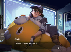 Rule 34 | 1girl, 1other, absurdres, astral chain, black-framed eyewear, black shorts, breasts, brown eyes, brown hair, brown pantyhose, english text, unworn eyewear, glasses, gloves, hat, head rest, highres, holding, holding removed eyewear, lappy, large breasts, looking at viewer, lying, lying on person, marie wentz, mascot costume, multicolored clothes, multicolored gloves, on stomach, pantyhose, police, police hat, police uniform, policewoman, reagan long, screen light, short hair, shorts, shoulder pads, sleeves pushed up, solo, subtitled, thighband pantyhose, uniform