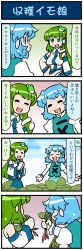 Rule 34 | 2girls, 4koma, artist self-insert, blue eyes, blue hair, blue sky, breasts, closed eyes, comic, commentary, day, detached sleeves, food, frog hair ornament, garden, gloves, gradient background, green eyes, green hair, hair ornament, hair tubes, hand on own hip, heterochromia, highres, juliet sleeves, kochiya sanae, large breasts, leaf, long hair, long sleeves, mizuki hitoshi, multiple girls, nontraditional miko, open mouth, outstretched arms, own hands together, plant, puffy sleeves, red eyes, short hair, sky, smile, snake hair ornament, spread arms, sweatdrop, sweet potato, tatara kogasa, touhou, translated, vest, wide sleeves