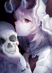 Rule 34 | 1girl, absurdres, black background, blonde hair, collared shirt, fingernails, flandre scarlet, frilled hat, frilled shirt, frilled shirt collar, frills, hat, hat ribbon, highres, holding, holding skull, long sleeves, looking at viewer, medium hair, nail, nail polish, neckerchief, red eyes, red nails, red ribbon, red vest, ribbon, sharp fingernails, shirt, simple background, skull, sleeves past wrists, smile, t terano, teeth, touhou, upper teeth only, vampire, vest, white headwear, white shirt, yellow neckerchief