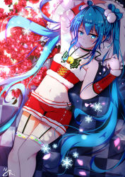 Rule 34 | 1girl, alternate costume, aqua eyes, aqua hair, arms up, bare shoulders, bell, neck bell, blush, christmas, collar, double bun, flower, fur, fur trim, hair between eyes, hair ornament, hatsune miku, highres, long hair, looking at viewer, navel, petals, pillow, qingye ling, red flower, shorts, smile, snowflakes, sparkle, thighhighs, tiles, twintails, very long hair, vocaloid