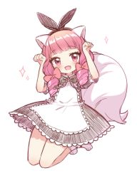 Rule 34 | 10s, 1girl, animal ears, apron, bad id, bad pixiv id, blade &amp; soul, bow, dress, fang, fox ears, jumping, long hair, long tail, lyn (blade &amp; soul), maid, maid apron, moorina, open mouth, paw pose, pink eyes, pink hair, ribbon, smile, solo, tail, twintails