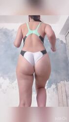 Rule 34 | 1girl, animated, asian, ass, ass focus, ass shake, back, bare legs, bouncing ass, competition swimsuit, curvy, full body, highleg, highleg swimsuit, highres, huge ass, japanese (nationality), jumping, model, multicolored clothes, multicolored swimsuit, one-piece swimsuit, photo (medium), ponytail, real life, ririkana, shiny skin, solo, sound, swimsuit, tagme, video, wedgie, wide hips