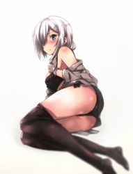 Rule 34 | 10s, 1girl, alternate costume, arm at side, ass, bare shoulders, black bra, black panties, black pantyhose, bra, breasts, full body, gloves, hair ornament, hair over one eye, hairclip, hamakaze (kancolle), highres, kantai collection, large breasts, long sleeves, looking at viewer, lying, midriff, on side, open clothes, open shirt, panties, pantyhose, sbel02, shirt, short hair, side-tie panties, silver hair, solo, thighs, underwear