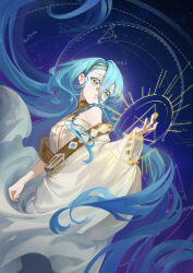 Rule 34 | 1girl, 37 (reverse:1999), absurdres, ancient greek clothes, bare shoulders, blue background, blue eyes, blue hair, circle, dotted line, flat chest, floating hair, geometry, gold choker, greco-roman clothes, hair between eyes, hand up, highres, ikura kun, long hair, looking at hand, math, parted lips, reverse:1999, single wide sleeve, solo, teeth, toga, triangle, turning head, upper body, very long hair