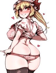 Rule 34 | 1girl, ass, black thighhighs, blonde hair, blush, bra, breasts, butt crack, closed mouth, commentary request, cowboy shot, curvy, fang, flandre scarlet, haseru (ginku mh), hat, hat ribbon, heart, large breasts, looking at viewer, medium hair, mob cap, one side up, panties, pink bra, pink panties, red eyes, red ribbon, ribbon, shirt, short sleeves, simple background, smile, solo, thick thighs, thighhighs, thighs, touhou, underwear, white background, white hat, white shirt