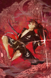 Rule 34 | 1boy, absurdres, black hair, black kimono, blood, blood on face, commentary request, diffraction spikes, dororo (tezuka), dual wielding, full body, highres, holding, holding sword, holding weapon, hyakkimaru (dororo), japanese clothes, katana, kimono, long hair, male focus, open mouth, ponytail, red background, red eyes, solo, sword, weapon, yuu akine
