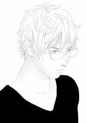 Rule 34 | 1boy, black shirt, collarbone, glasses, greyscale, male focus, messy hair, monochrome, original, re:i, realistic, shirt, simple background, solo, upper body, white background, white hair