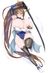 Rule 34 | 1girl, arm over head, arm up, bea (bropmlk), black gloves, black thighhighs, blue bow, blue leotard, blue ribbon, bow, breasts, breasts out, breasts squeezed together, brown hair, cameltoe, cleavage, curvy, deep skin, elbow gloves, full body, gauntlet, gigantic breasts, gloves, grabbing own breast, green eyes, groin, hair between eyes, hair bow, highres, holding, holding sword, holding weapon, inverted nipples, katana, lactation, large areolae, leg up, leotard, long hair, looking at viewer, motion lines, original, ponytail, revealing clothes, ribbon, sash, shoes, sidelocks, signature, simple background, skindentation, smile, solo, strapless, sweat, sweatdrop, sword, thick eyebrows, thick thighs, thighhighs, thighs, tube top, very long hair, weapon, white background, white footwear, white tube top, wide hips