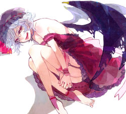 Rule 34 | 1girl, barefoot, blue hair, dress, face, feet, female focus, fetal position, garter straps, grin, hat, hugging own legs, licking lips, lips, off shoulder, plantar flexion, red eyes, remilia scarlet, slit pupils, smile, solo, soono (rlagpfl), thighhighs, tongue, tongue out, touhou, wings, wrist cuffs