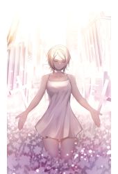Rule 34 | 1girl, bad id, bad twitter id, choker, closed eyes, closed mouth, dolsig ilangnolja, dress, faust (project moon), flower, highres, limbus company, outstretched arms, project moon, short hair, sleeveless, sleeveless dress, solo, sundress, white choker, white dress, white flower, white hair