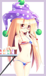 Rule 34 | 1girl, :&lt;, american flag bikini, bespectacled, bikini, blonde hair, blush, border, breasts, clownpiece, collarbone, eyes visible through hair, flag print, glasses, hat, highres, hip focus, jester cap, light particles, long hair, navel, outside border, paint, paintbrush, polka dot headwear, red-framed eyewear, red eyes, simple background, small breasts, solo, star (symbol), stomach, striped bikini, striped clothes, swimsuit, table, touhou, very long hair, white background, z.o.b