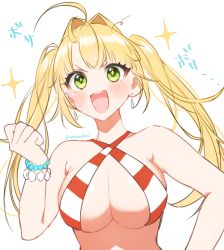 Rule 34 | 1girl, ahoge, bare shoulders, bikini, blonde hair, blush, breasts, cleavage, clenched hand, criss-cross halter, earrings, fate/extra, fate (series), green eyes, hair intakes, halterneck, hand on own hip, jewelry, large breasts, long hair, looking at viewer, nero claudius (fate), nero claudius (fate) (all), nero claudius (fate/extra), nero claudius (swimsuit caster) (fate), open mouth, simple background, solo, sparkle, striped bikini, striped clothes, swimsuit, twintails, twitter username, underboob, upper body, white background, wristband, yayoi maka
