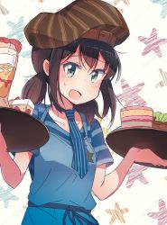 Rule 34 | 1girl, :d, apron, bang dream!, black hair, blue apron, blue eyes, blue necktie, blue shirt, brown hat, cake, cake slice, collarbone, commentary request, food, hair ornament, hairclip, hat, hat belt, highres, holding, holding tray, ice cream, necktie, okusawa misaki, open mouth, riiho (drax4szn), shirt, short hair, short sleeves, sidelocks, smile, solo, star (symbol), starry background, striped clothes, striped headwear, striped necktie, striped neckwear, sundae, tray, twintails, upper body, waitress