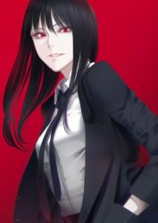Rule 34 | 1girl, black hair, erise, fang, formal, hand in pocket, hands in pockets, highres, long hair, looking at viewer, necktie, original, red background, red eyes, solo, suit, upper body