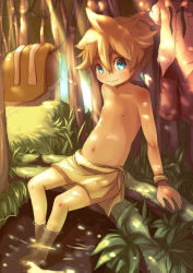 Rule 34 | 1boy, bare arms, bare legs, bare shoulders, barefoot, blonde hair, blue eyes, blush, child, forest, itaru, kagamine len, looking at viewer, male focus, naked towel, nature, smile, solo, tagme, towel, towel around waist, unworn clothes, vocaloid, water, wet feet