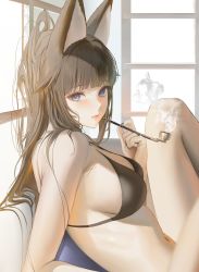 Rule 34 | 1girl, animal ears, black bra, black hair, black nails, blue eyes, blush, bra, breasts, closed mouth, from side, highres, large breasts, long hair, looking at viewer, looking to the side, mole, mole on breast, myabit, nail polish, navel, original, sitting, smoke, smoking pipe, thighs, underwear, virtual youtuber
