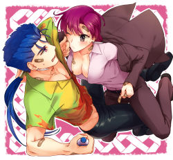 Rule 34 | 1boy, 1girl, bandages, bazett fraga mcremitz, black pants, blue hair, bottle, breasts, brown eyes, cleavage, closed mouth, collarbone, cu chulainn (fate), cu chulainn (fate/stay night), earrings, eye contact, fate/hollow ataraxia, fate (series), formal, full body, hawaiian shirt, jewelry, long hair, looking at another, medium breasts, misoiri (gokutsubushi), official alternate costume, one eye closed, open mouth, pant suit, pants, parted bangs, ponytail, purple eyes, purple hair, shirt, short hair, suit