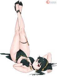 Rule 34 | 1girl, absurdres, bare shoulders, belly chain, black hair, breasts, chain, dismaiden, dress, earrings, gold chain, hairband, highres, jewelry, legs up, long hair, looking at viewer, lying, medium breasts, meme attire, navel, on back, pelvic curtain, red eyes, sidelocks, solo, spy x family, weapon, yomorio lingerie, yor briar