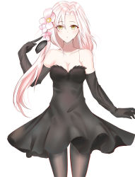 Rule 34 | 1girl, aug (girls&#039; frontline), black dress, black gloves, black pantyhose, breasts, cleavage, collarbone, dress, flower, girls&#039; frontline, gloves, hair flower, hair ornament, highres, long hair, looking at viewer, pantyhose, pink hair, sellf, solo, white background, yellow eyes