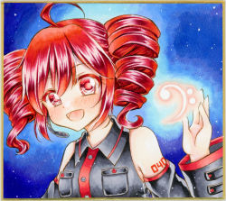 Rule 34 | 1girl, ahoge, bare shoulders, bass clef, black shirt, blush, commentary request, detached sleeves, drill hair, graphite (medium), hair between eyes, highres, kasane teto, looking at viewer, marker (medium), medium hair, microphone, nekofish666, open mouth, portrait, red eyes, red hair, shirt, sleeveless, sleeveless shirt, solo, traditional media, twin drills, vocaloid