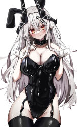 Rule 34 | 1girl, absurdres, animal ears, arknights, black leotard, black thighhighs, blush, breasts, cleavage, closed mouth, collar, collarbone, cowboy shot, earrings, fake animal ears, garter straps, gluteal fold, hair ornament, hands on own chest, head tilt, highres, horns, jewelry, large breasts, leotard, long hair, looking at viewer, mudrock (arknights), pointy ears, rabbit ears, red eyes, simple background, solo, strapless, strapless leotard, thigh gap, thighhighs, touko (toko12 tooko), very long hair, white background, white hair, wrist cuffs