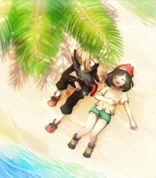 Rule 34 | 1boy, 1girl, ^ ^, arm support, bag, beach, beanie, black hair, black hoodie, black pants, blonde hair, blush, closed eyes, creatures (company), floral print, from above, full body, game freak, gladion (pokemon), grass, green eyes, green shorts, hair over one eye, hand on own stomach, hat, highres, hood, hoodie, knees together feet apart, long sleeves, looking down, lying, miu (miuuu 721), nintendo, ocean, on back, open mouth, outdoors, palm tree, pants, poke ball theme, pokemon, pokemon sm, red footwear, red hat, selene (pokemon), shirt, shoes, short hair, short shorts, short sleeves, shorts, sitting, smile, teeth, tied shirt, tree, undershirt, water, yellow shirt