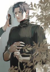 Rule 34 | 1boy, ace attorney, alternate costume, ato (ml cc g), barok van zieks, black sweater, blue eyes, cellphone, commentary request, grey hair, highres, holding, holding phone, jewelry, male focus, parted lips, phone, plant, ribbed sweater, ring, scar, scar on face, smartphone, sweater, the great ace attorney, turtleneck, turtleneck sweater, upper body, watch, wristwatch