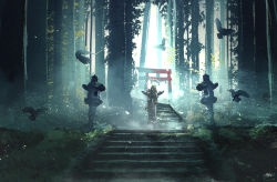 Rule 34 | 1girl, angel wings, backlighting, bird, blonde hair, commentary request, dress, fantasy, feathered wings, fog, forest, highres, lens flare, light particles, light rays, long dress, looking at viewer, moss, nature, original, partial commentary, perspective, scenery, shizui fen, signature, solo, stairs, standing, stone lantern, straight-on, sunbeam, sunlight, torii, tree, white dress, wide shot, wings