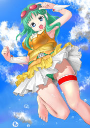 Rule 34 | 1girl, :d, armpits, bad id, bad pixiv id, barefoot, belt, blue eyes, day, female focus, from below, goggles, green hair, gumi, headphones, headset, long hair, looking down, open mouth, outdoors, panties, skirt, sky, smile, solo, sota, underwear, vocaloid, wrist cuffs