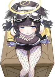 Rule 34 | 1girl, absurdres, animal ears, arm support, bare shoulders, black hair, black shirt, black shorts, blue archive, blush, bright pupils, closed mouth, commentary request, dog ears, dog girl, fishnet pantyhose, fishnets, from above, goggles, goggles on head, halo, hibiki (blue archive), highres, jacket, looking to the side, low twintails, off shoulder, paipukoron417, pantyhose, purple eyes, shirt, shorts, simple background, sitting, sitting on object, sleeveless, sleeveless shirt, solo, twintails, white background, white jacket, white pupils, yellow halo