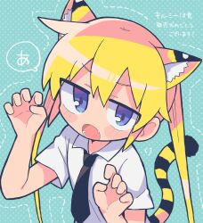 Rule 34 | 1girl, animal ears, black necktie, blonde hair, blue background, blue eyes, blush stickers, claw pose, collared shirt, commentary, dotted line, fang, hands up, highres, jitome, kemonomimi mode, kill me baby, long hair, looking at viewer, necktie, outline, polka dot, polka dot background, richard (richaball), sanpaku, shirt, short sleeves, solo, sonya (kill me baby), speech bubble, tail, tiger ears, tiger tail, translated, twintails, upper body, v-shaped eyebrows, white shirt