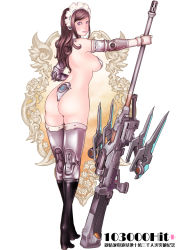 Rule 34 | 1girl, ass, back, bad id, bad pixiv id, blush, breasts, brown hair, cyborg, gun, kusagami style, large breasts, long hair, looking at viewer, looking back, maid headdress, mechanical arms, mechanical legs, original, purple eyes, rifle, simple background, single mechanical arm, solo, weapon, white background