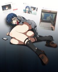 Rule 34 | 10s, 1girl, black panties, black socks, blue hair, blush, brown footwear, bruise, cellphone, commentary, darling in the franxx, english text, feet, green eyes, gun, highres, holding, holding gun, holding weapon, ichigo (darling in the franxx), injury, looking at viewer, lying, on side, open mouth, panties, pantyshot, phone, photo inset, saliva, sbel02, shoes, unworn shoes, short hair, single shoe, smartphone, socks, solo, torn clothes, underwear, uniform, weapon, wide-eyed