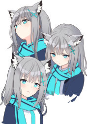 Rule 34 | 1girl, :d, absurdres, animal ear fluff, animal ears, blue archive, blue eyes, blue jacket, blue necktie, blue scarf, closed mouth, collared shirt, criss-cross halter, cropped torso, grey hair, hair between eyes, halterneck, highres, jacket, kamu kotan, light blush, long sleeves, looking at viewer, medium hair, mismatched pupils, multiple views, necktie, no halo, open clothes, open jacket, open mouth, scarf, shiroko (blue archive), shirt, sidelocks, simple background, smile, striped clothes, striped scarf, upper body, white background, white shirt, wolf ears