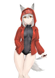 Rule 34 | 1girl, absurdres, animal ears, arknights, bare legs, black one-piece swimsuit, breasts, brown eyes, closed mouth, covered navel, ears through headwear, feet out of frame, female focus, gluteal fold, grey hair, hair between eyes, highres, holding, holding knife, holding weapon, hood, hood up, hooded jacket, jacket, knife, large breasts, long sleeves, looking at viewer, official alternate costume, one-piece swimsuit, projekt red (arknights), projekt red (light breeze) (arknights), red jacket, sarea (sarea2020), short hair, simple background, solo, standing, swimsuit, swimsuit under clothes, tail, thigh gap, unzipped, weapon, white background, wolf ears, wolf girl, wolf tail