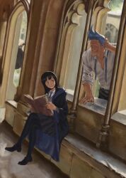 Rule 34 | 1boy, alternate costume, alternate universe, black hair, blue hair, book, costume request, crossed legs, facial hair, franky (one piece), full body, galsan, harry potter (series), hetero, highres, holding, holding book, long sideburns, looking back, necktie, nervous, nico robin, one piece, pantyhose, reading, scratching head, short hair, sideburns, sideburns stubble, sitting, smile, stubble, through window, undone necktie, wizarding world