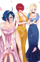 Rule 34 | 3girls, bare shoulders, blonde hair, blue dress, blue eyes, blue hair, breasts, choker, cleavage, collarbone, dress, earrings, elisabeth blanctorche, hair over eyes, hairband, jewelry, king (snk), large breasts, multiple girls, pink dress, ponytail, red hair, shermie (kof), snk, the king of fighters, the king of fighters xv, yellow dress
