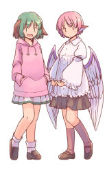 Rule 34 | 2girls, :d, adapted costume, alternate costume, animal ears, backlighting, bird ears, bird girl, bird wings, black footwear, black skirt, blouse, blush, bobby socks, brown legwear, casual, closed mouth, collared shirt, dog ears, dot mouth, drawstring, expressionless, eyes visible through hair, feathered wings, floppy ears, frilled shirt collar, frilled sleeves, frills, from side, full body, green eyes, green hair, hands in pockets, head tilt, heel up, hood, hood down, hoodie, kasodani kyouko, kneehighs, loafers, long sleeves, looking at viewer, looking to the side, low wings, mary janes, miniskirt, multiple girls, mystia lorelei, no headwear, no nose, open mouth, own hands clasped, own hands together, pink hair, pink hoodie, pleated skirt, puffy long sleeves, puffy sleeves, rangycrow, red eyes, shirt, shoes, short hair, side-by-side, simple background, skirt, sleeve garter, smile, socks, standing, touhou, white background, white legwear, white shirt, white skirt, wide sleeves, wing collar, wings, | |
