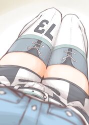 Rule 34 | 1girl, akara kai, blue shirt, blurry, breast pocket, clothes writing, collared shirt, depth of field, gambier bay (kancolle), kantai collection, legs together, multicolored belt, multicolored clothes, multicolored shorts, pocket, pov, shirt, shorts, sitting, solo, thighhighs, white thighhighs