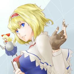 Rule 34 | 1girl, alice margatroid, bad id, bad pixiv id, blonde hair, blue eyes, book, capelet, doll, female focus, fingerless gloves, gloves, jewelry, ring, shanghai doll, shield, slit pupils, solo, somsom, touhou, upper body
