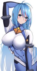 Rule 34 | 1girl, azura cecillia, blue eyes, blue hair, blush, braid, breasts, collarbone, commentary, covered navel, english commentary, facial tattoo, head tilt, highres, large breasts, leaning to the side, long hair, multicolored hair, nijisanji, nijisanji id, omenion, pilot suit, pink hair, side braid, skin tight, solo, streaked hair, tattoo, v-shaped eyebrows, very long hair, virtual youtuber, white background