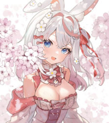 Rule 34 | 1girl, animal ear fluff, blue eyes, breasts, cleavage, flower, hair flower, hair intakes, hair ornament, hair ribbon, large breasts, long hair, melonyx, multicolored hair, open mouth, pink flower, pink hair, rabbit girl, red ribbon, ribbon, sibyl, side ponytail, smile, solo, streaked hair, virtual youtuber, wakasa ito, white flower, white hair