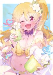 Rule 34 | 1girl, album cover, bikini, blonde hair, blush, border, breasts, choker, cleavage, cover, cowboy shot, cup, drinking straw, flower, hair between eyes, hair flower, hair ornament, high ponytail, highres, holding, holding cup, large breasts, light blue background, long hair, looking at viewer, magia record: mahou shoujo madoka magica gaiden, mahou shoujo madoka magica, one eye closed, open mouth, outside border, paru rari, pink eyes, purple choker, sidelocks, smile, solo, standing, sweat, swimsuit, togame momoko, white border, yellow bikini