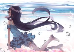 Rule 34 | 10s, 1girl, bare shoulders, blue hair, bubble, dress, closed eyes, frilled dress, frills, gloves, head wreath, himechui, long hair, love live!, love live! school idol project, solo, sonoda umi, thighhighs, underwater, very long hair, white gloves, white thighhighs, yume no tobira